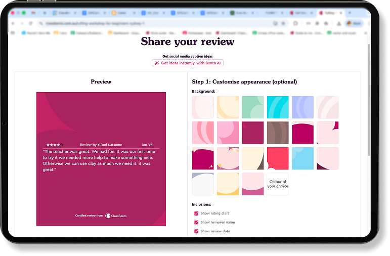 Share workshop reviews on social media with custom templates