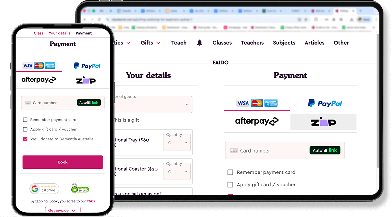 Accept credit cards, PayPal, Apple Pay and Google Pay for workshops